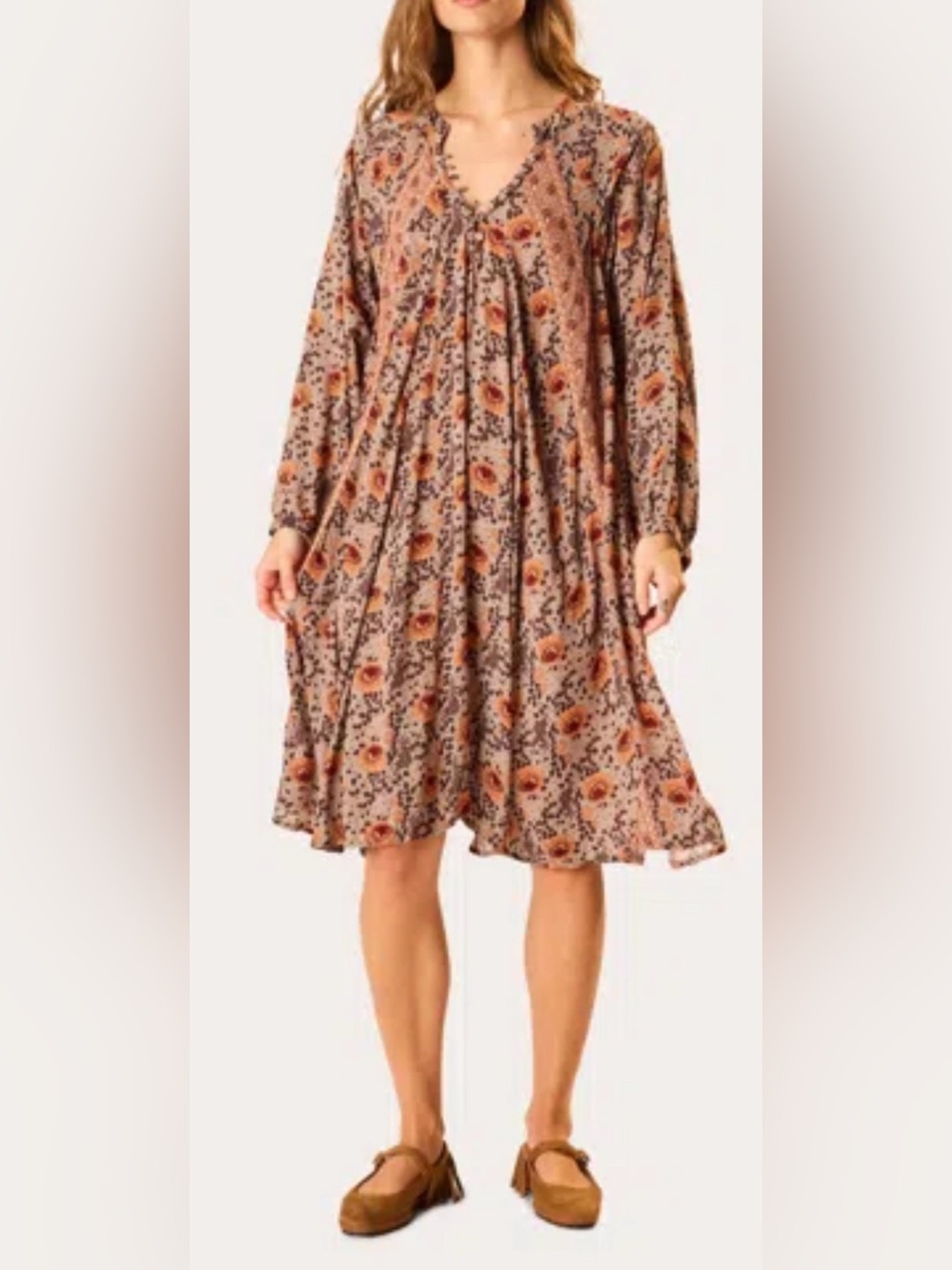 Natalie Martin Floral Boho Swing Dress Medium Brown Pink Long Sleeve V-Neck